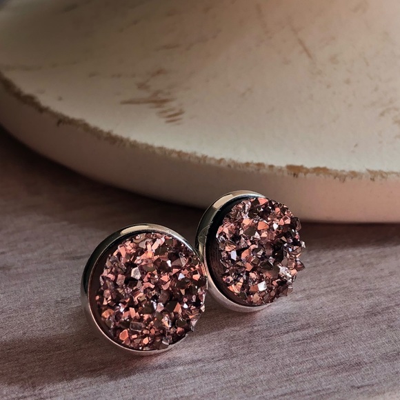 Rose Gold Chunky Druzy Silver Stud Earrings! - Picture 6 of 14